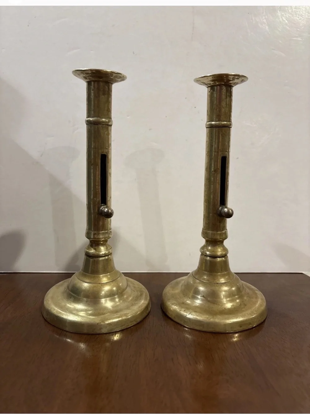 Pair of Antique European Adjustable Brass Candlesticks Push Up
